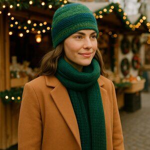 Hand-Knit Wool Beanie – Green & Blue Artisan Striped Winter Hat